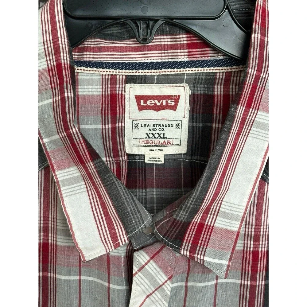 Levis Mens 3XL Shirt Pearl Snap Red Gray Multi Plaid Cotton Blend Long Sleeve L7